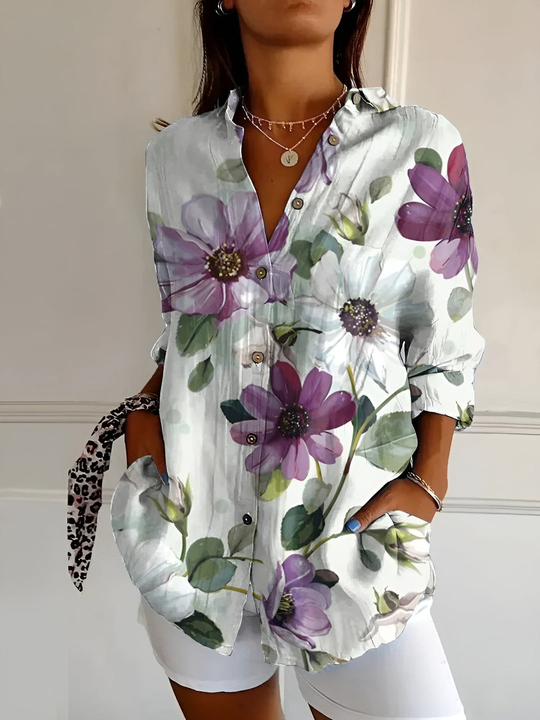 Oversized Floral Print Collar Neck Roll Sleeve Casual Shirt