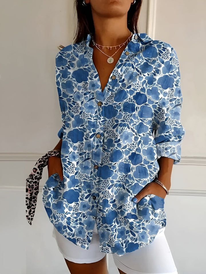 Oversized Floral Print Collar Neck Roll Sleeve Casual Shirt