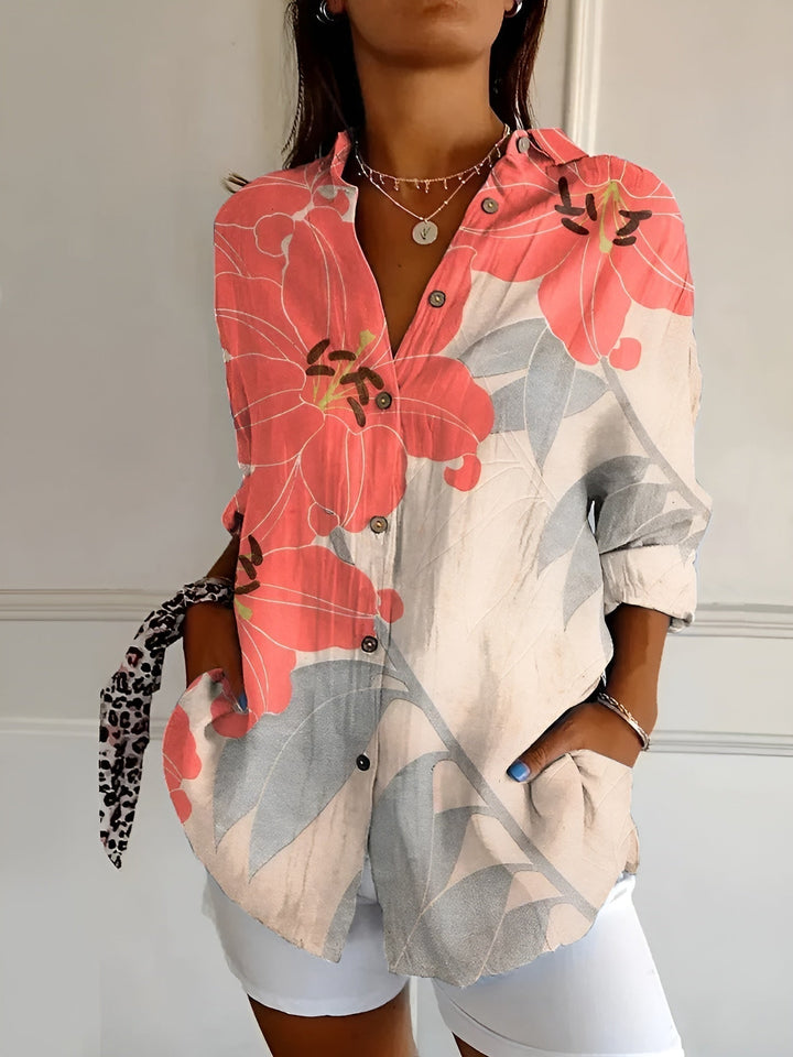 Oversized Floral Print Collar Neck Roll Sleeve Casual Shirt