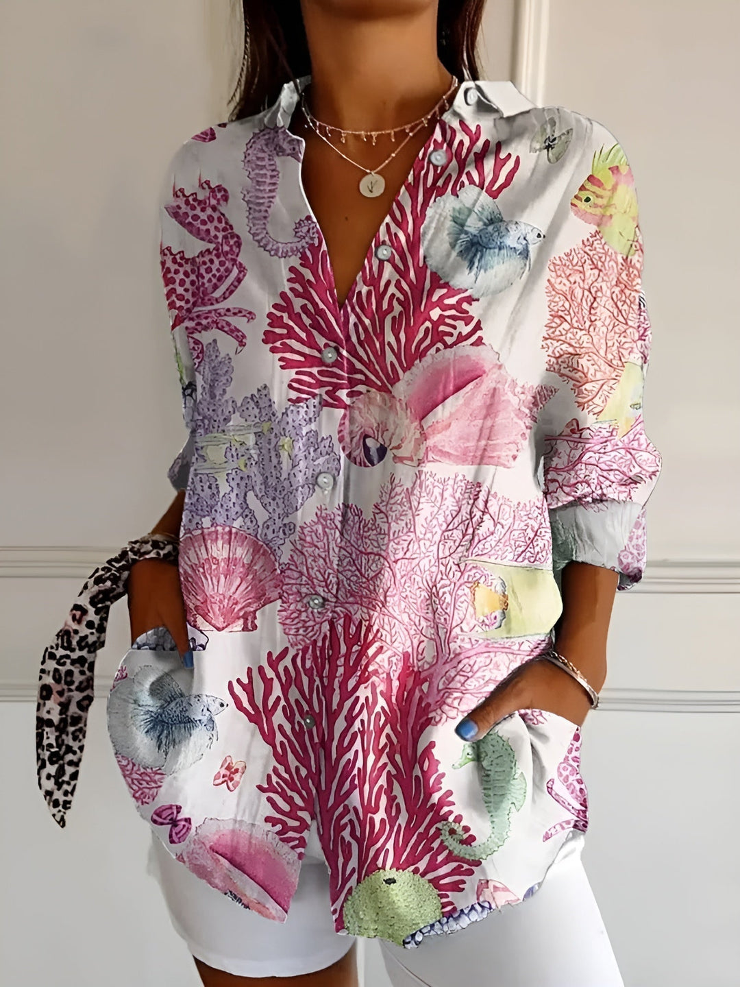 Oversized Floral Print Collar Neck Roll Sleeve Casual Shirt