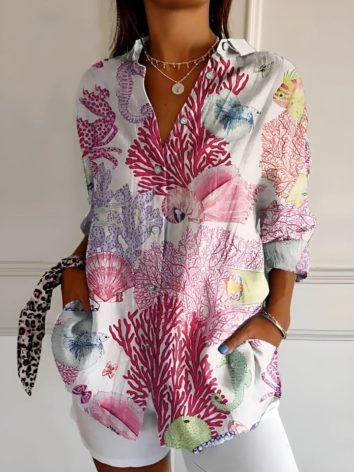 Oversized Floral Print Collar Neck Roll Sleeve Casual Shirt