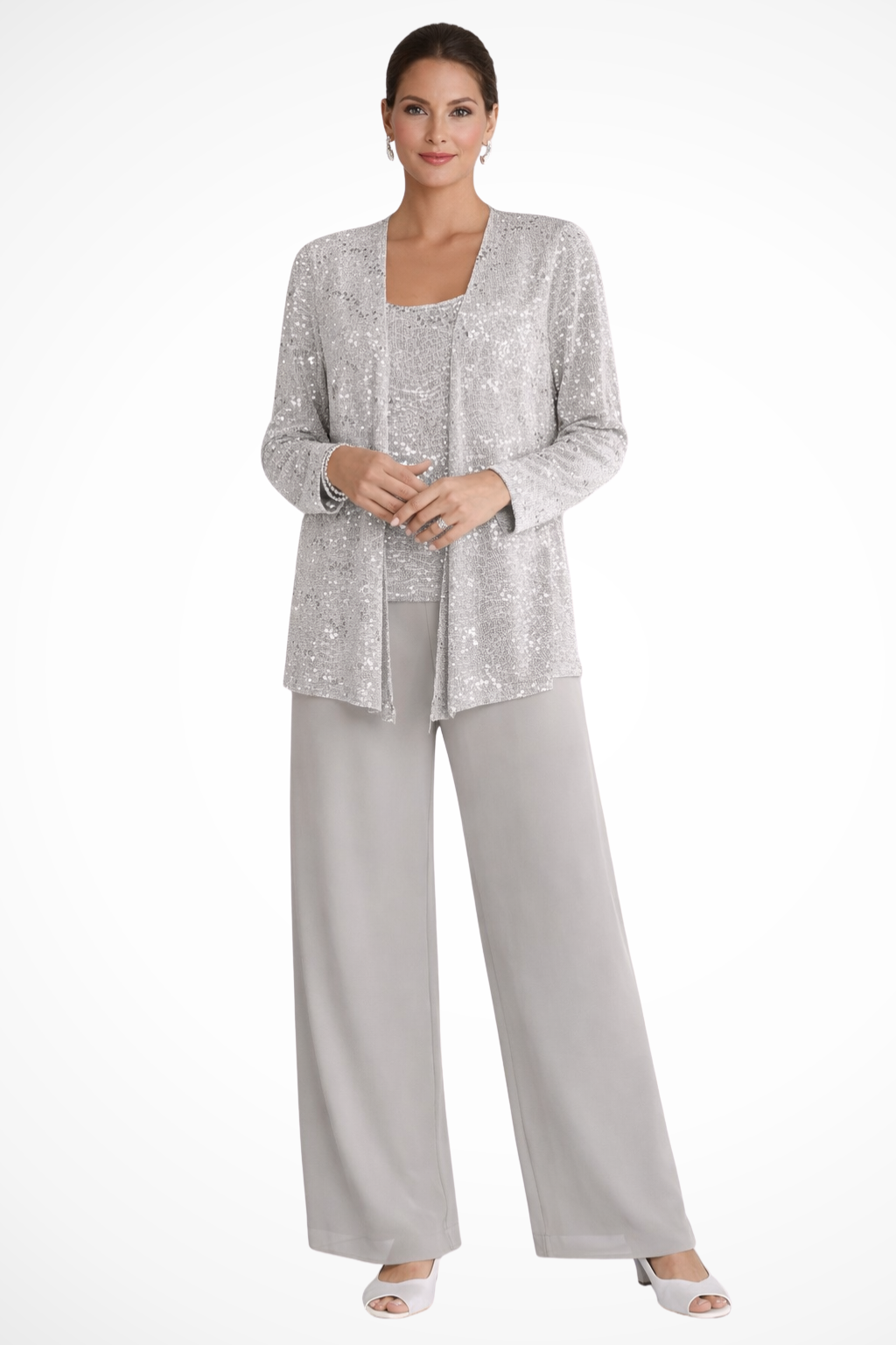 Sequin Open Front Jacket Tank Top and Wide Leg Pant Three Piece Set