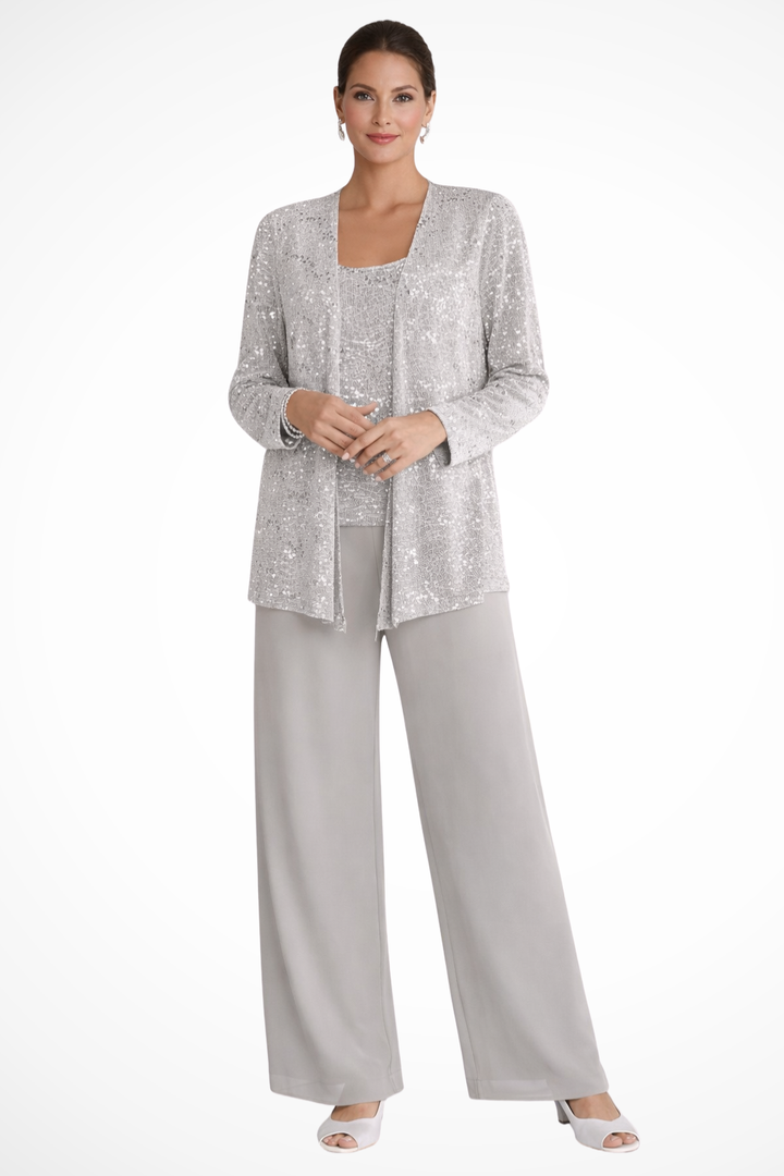 Sequin Open Front Jacket Tank Top and Wide Leg Pant Three Piece Set