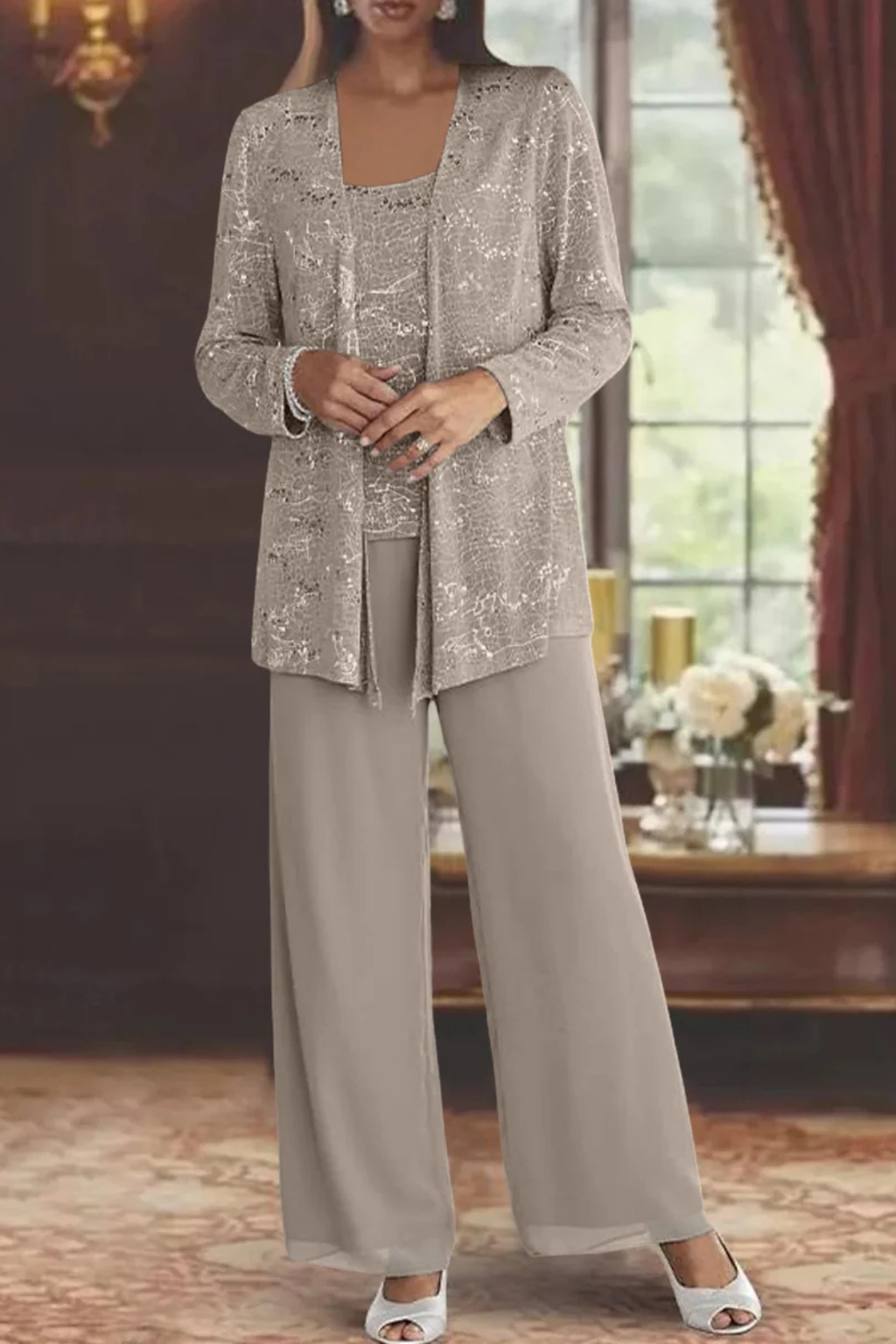 Sequin Open Front Jacket Tank Top and Wide Leg Pant Three Piece Set