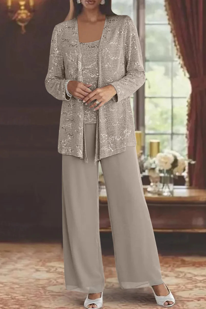 Sequin Open Front Jacket Tank Top and Wide Leg Pant Three Piece Set