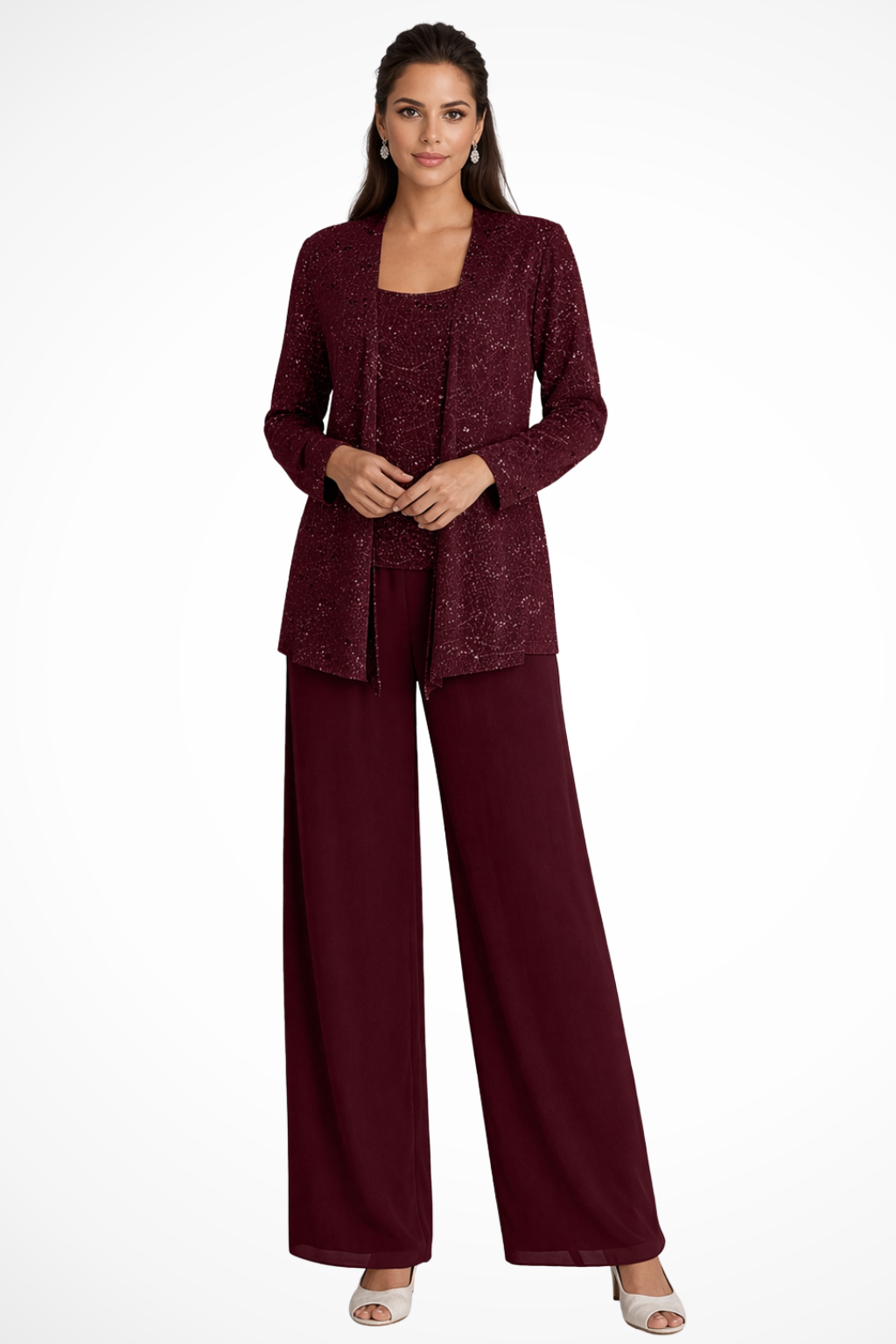 Sequin Open Front Jacket Tank Top and Wide Leg Pant Three Piece Set