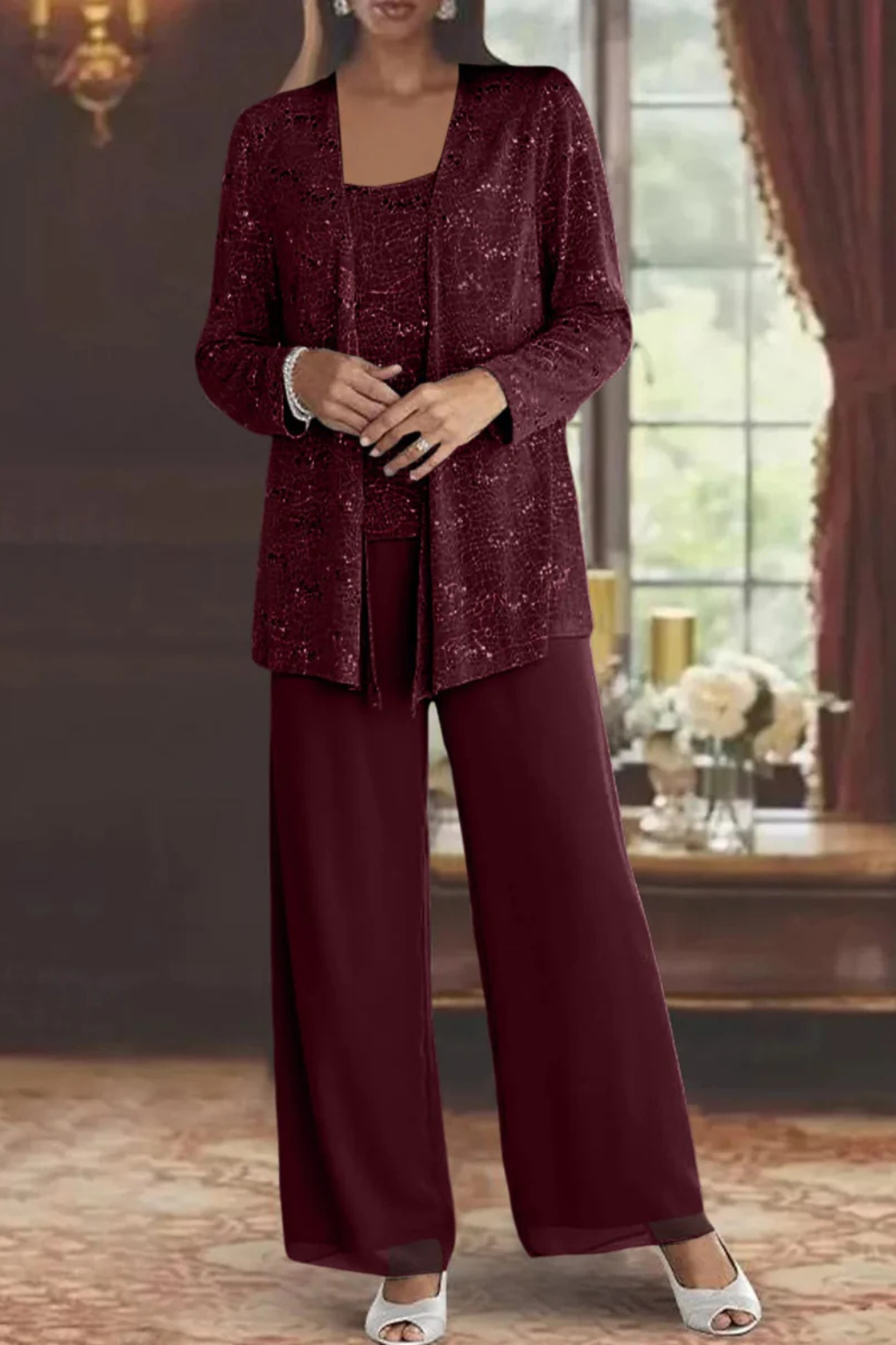 Sequin Open Front Jacket Tank Top and Wide Leg Pant Three Piece Set