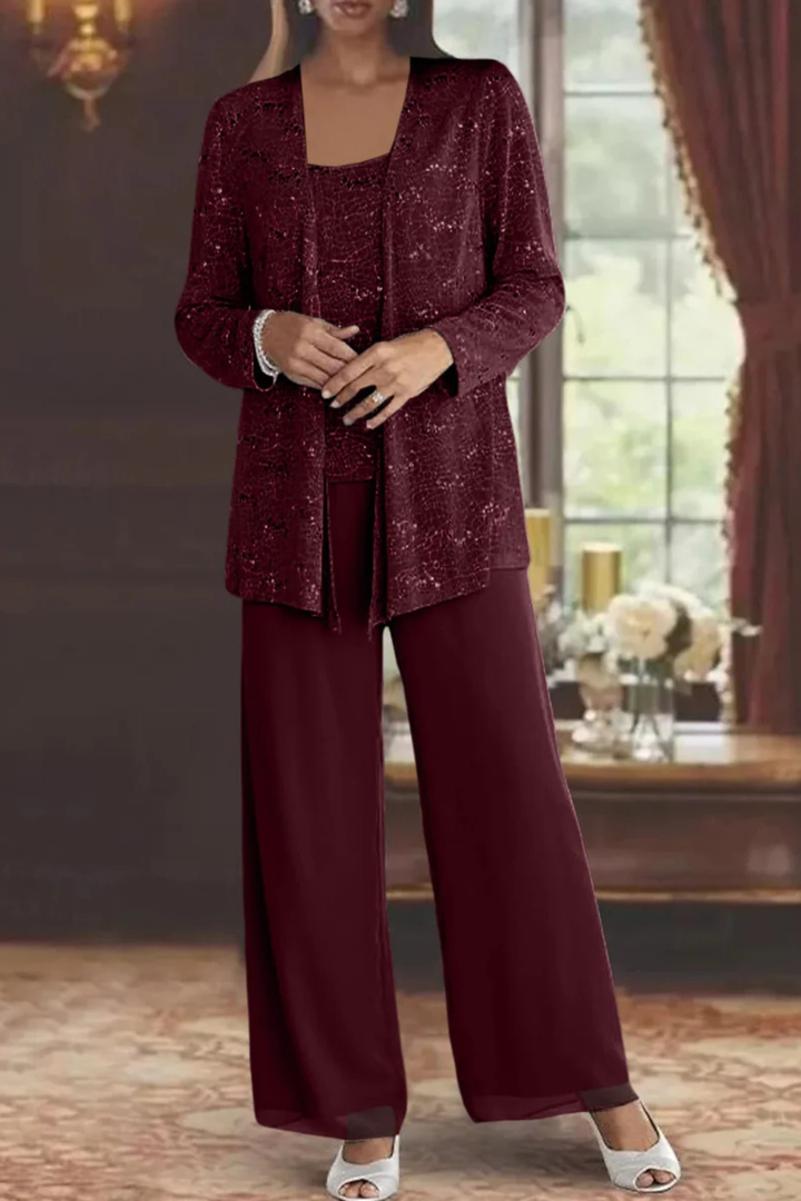Sequin Open Front Jacket Tank Top and Wide Leg Pant Three Piece Set