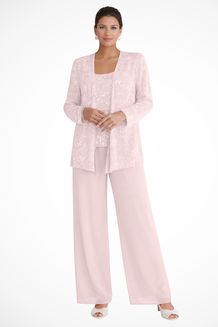 Sequin Open Front Jacket Tank Top and Wide Leg Pant Three Piece Set