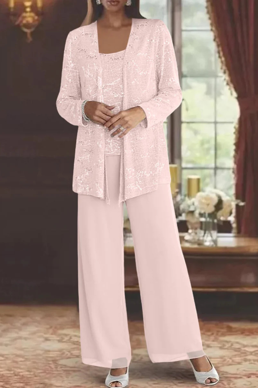 Sequin Open Front Jacket Tank Top and Wide Leg Pant Three Piece Set