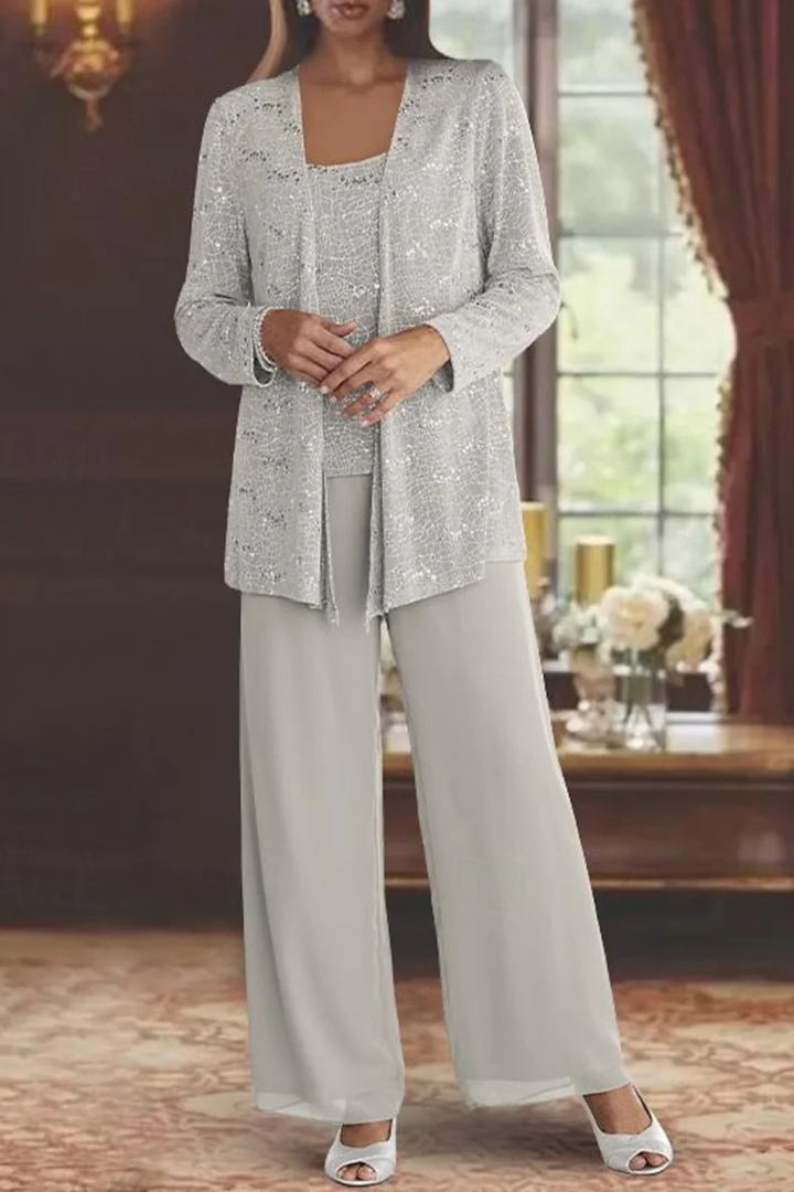 Sequin Open Front Jacket Tank Top and Wide Leg Pant Three Piece Set