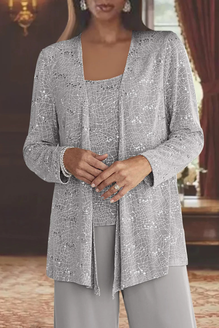 Sequin Open Front Jacket Tank Top and Wide Leg Pant Three Piece Set