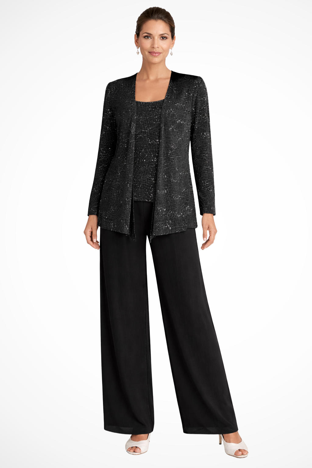 Sequin Open Front Jacket Tank Top and Wide Leg Pant Three Piece Set