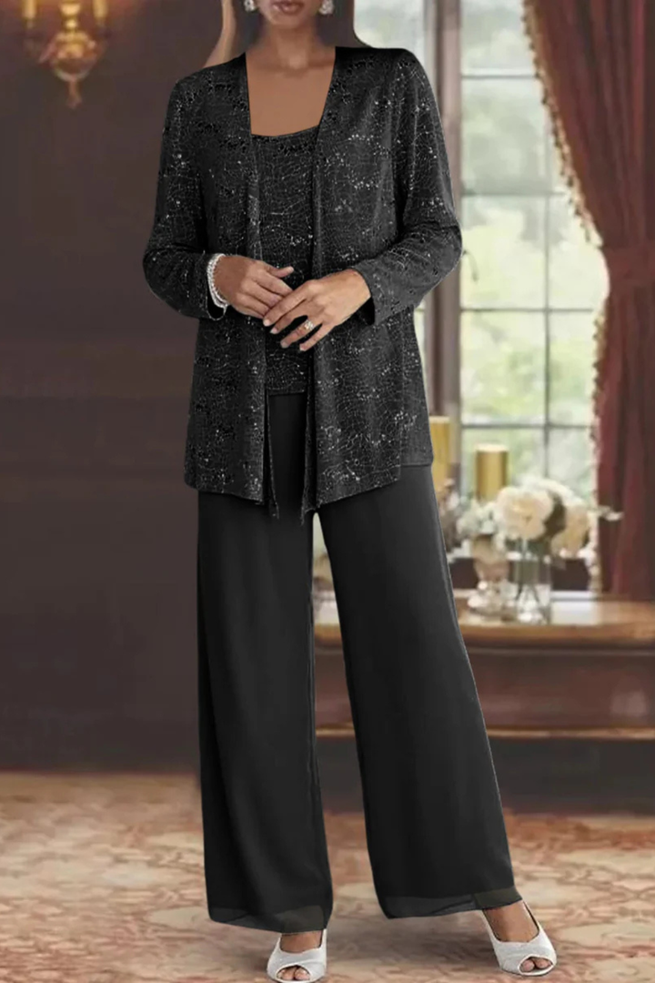 Sequin Open Front Jacket Tank Top and Wide Leg Pant Three Piece Set