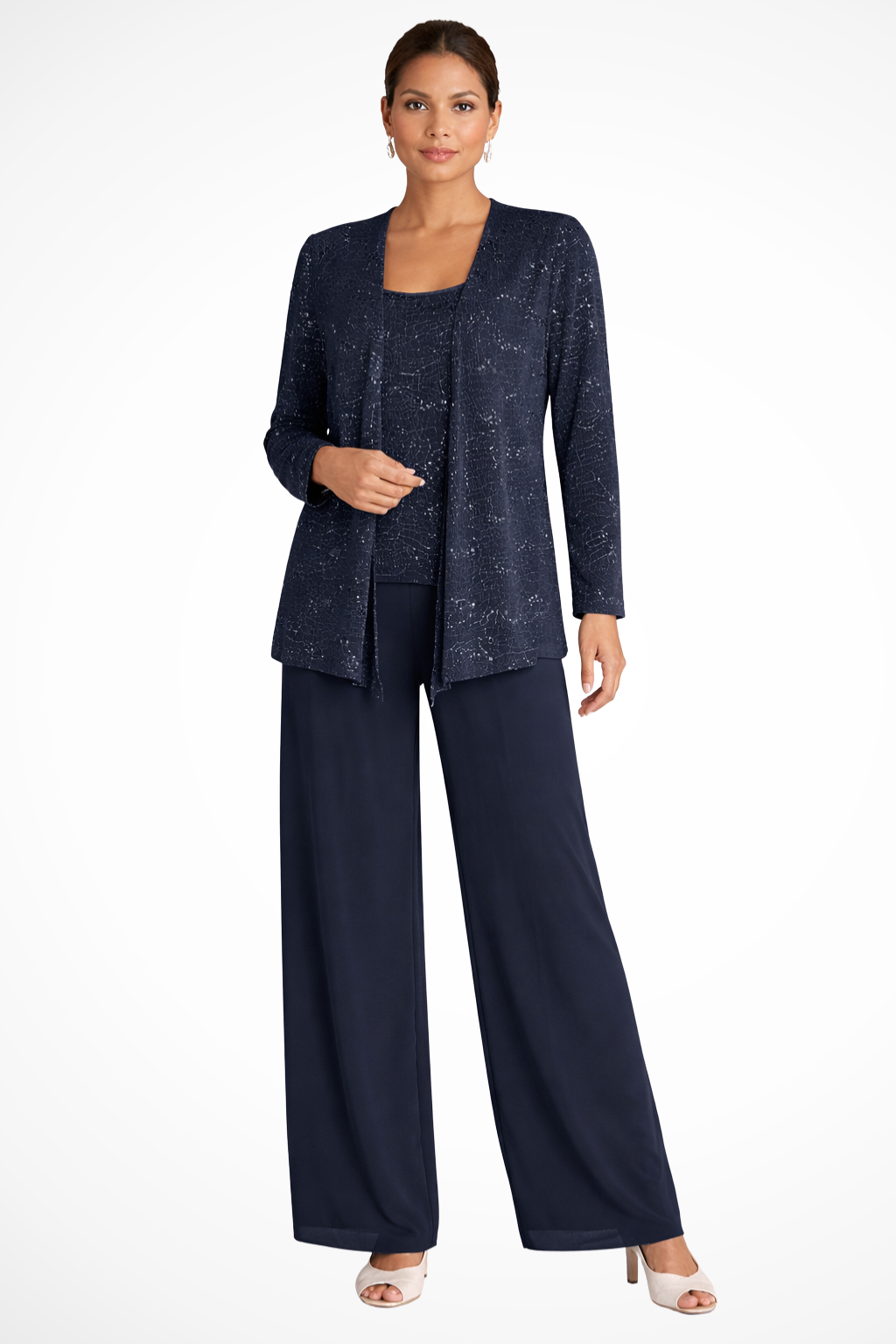 Sequin Open Front Jacket Tank Top and Wide Leg Pant Three Piece Set