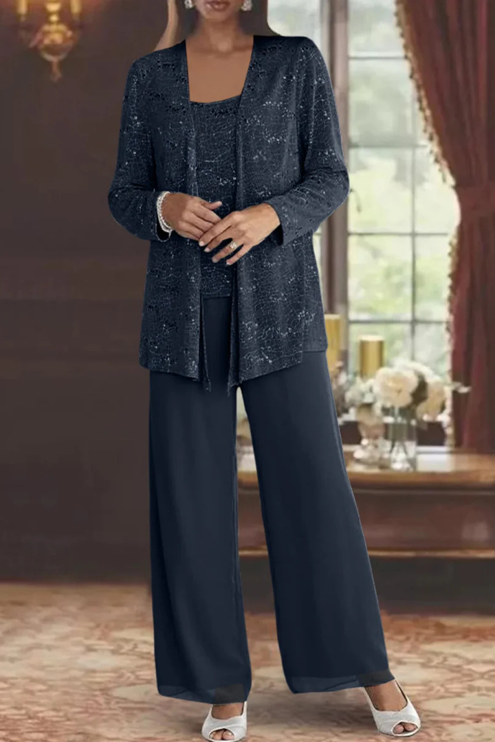 Sequin Open Front Jacket Tank Top and Wide Leg Pant Three Piece Set