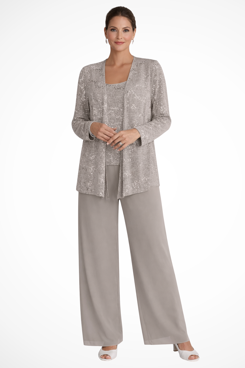 Sequin Open Front Jacket Tank Top and Wide Leg Pant Three Piece Set