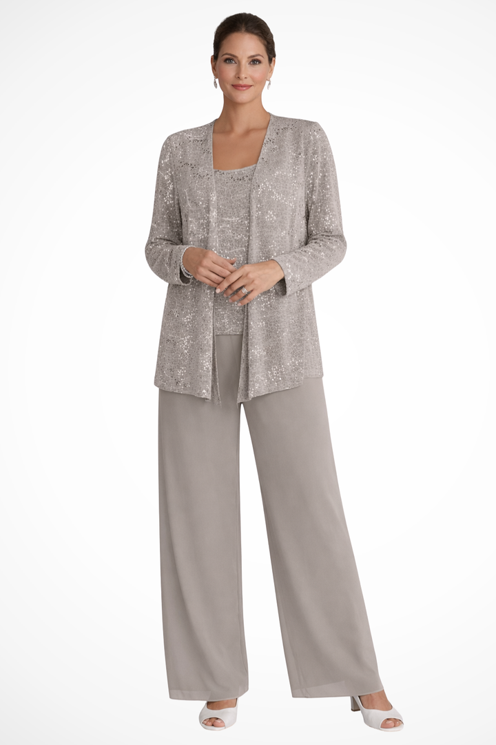 Sequin Open Front Jacket Tank Top and Wide Leg Pant Three Piece Set