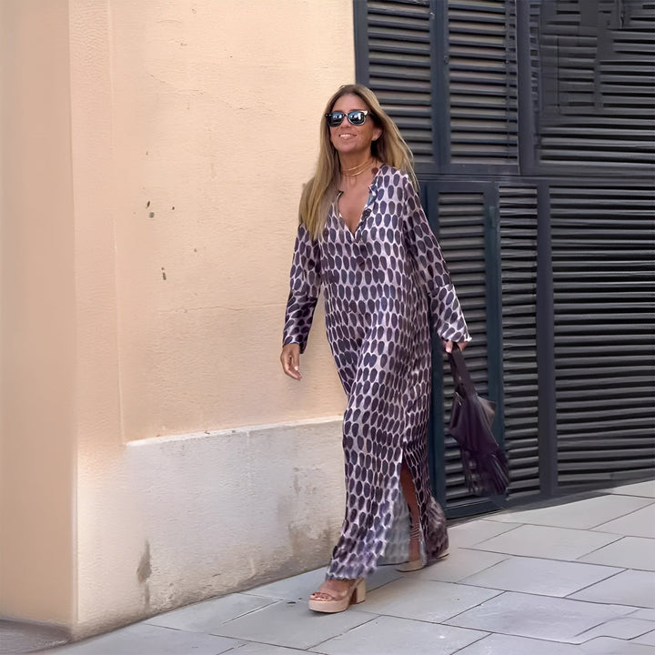 Printed Long Sleeve V Neck Casual Maxi Dress