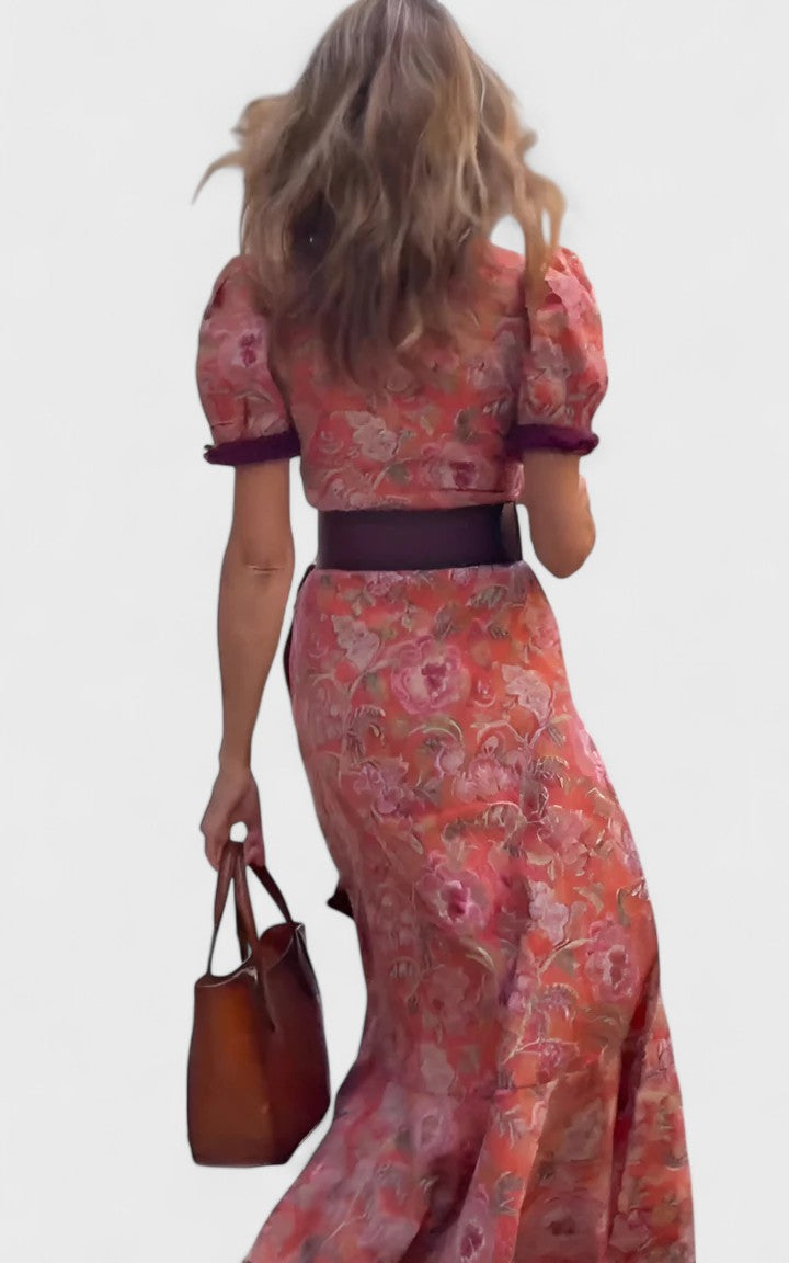 Floral Wrap Midi Dress Belted Puff Sleeve