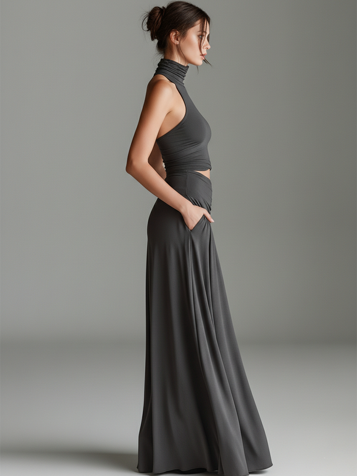 Cut Out Waist Turtleneck Halter Neck Flowy Maxi Dress - Formal Evening Gown