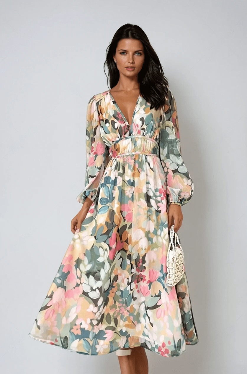 Floral Long Sleeve V Neck Midi Dress - Wedding Guest