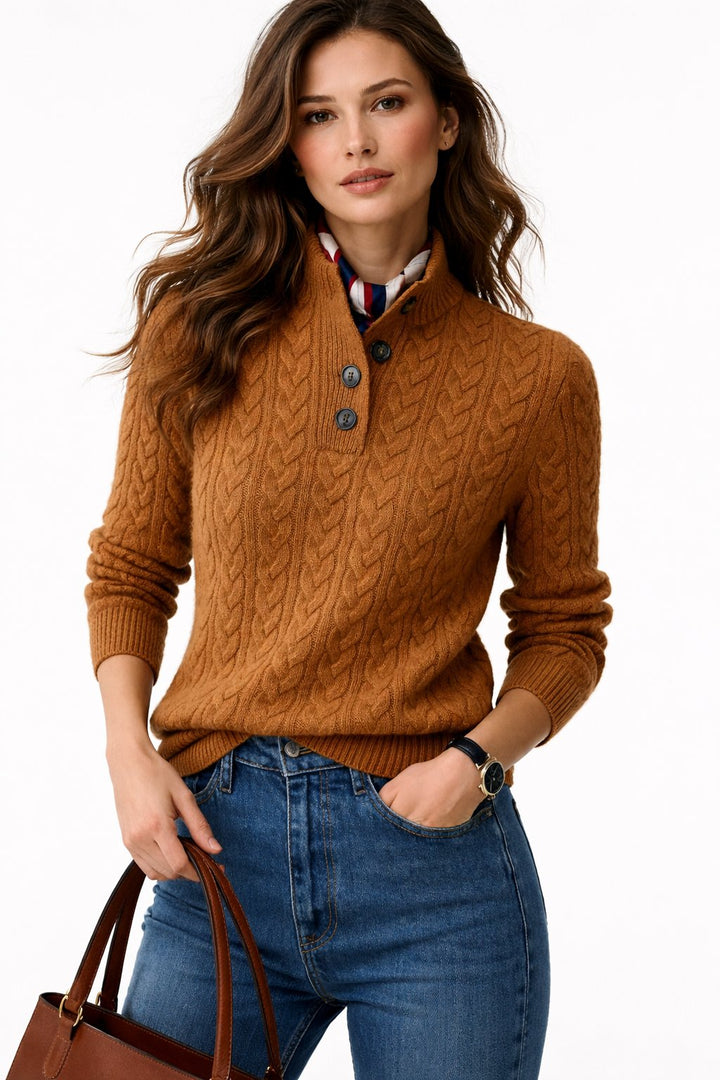 Harriet | Women's Wool Blend Cable Knit Button-Collar Pullover