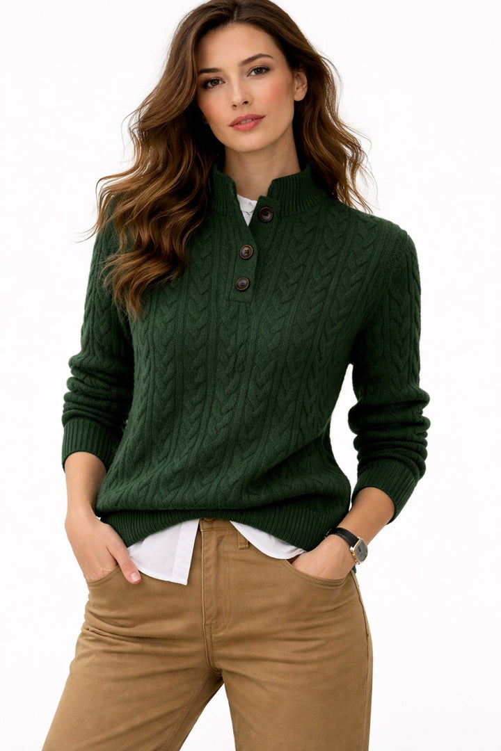 Harriet | Women's Wool Blend Cable Knit Button-Collar Pullover