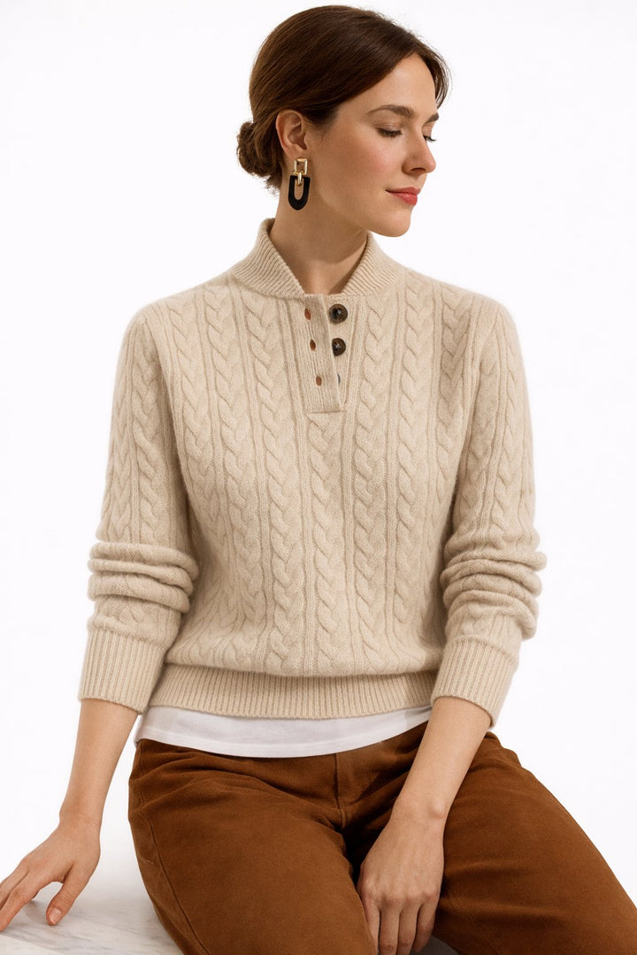 Harriet | Women's Wool Blend Cable Knit Button-Collar Pullover