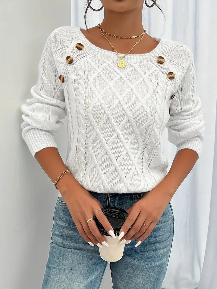 Penelope | Women's Cable Knit Sweater with Raglan Sleeves and Button Detail