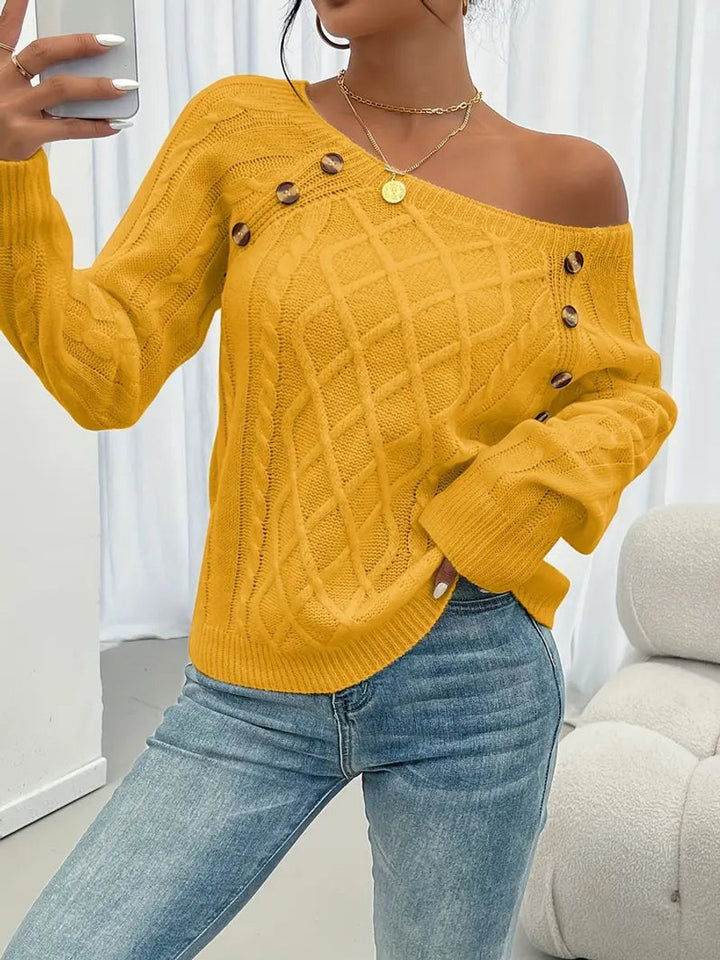Penelope | Women's Cable Knit Sweater with Raglan Sleeves and Button Detail