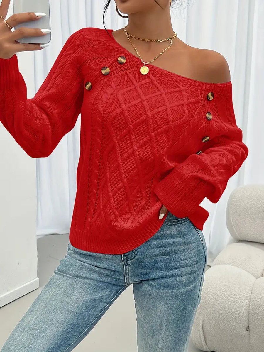 Penelope | Women's Cable Knit Sweater with Raglan Sleeves and Button Detail