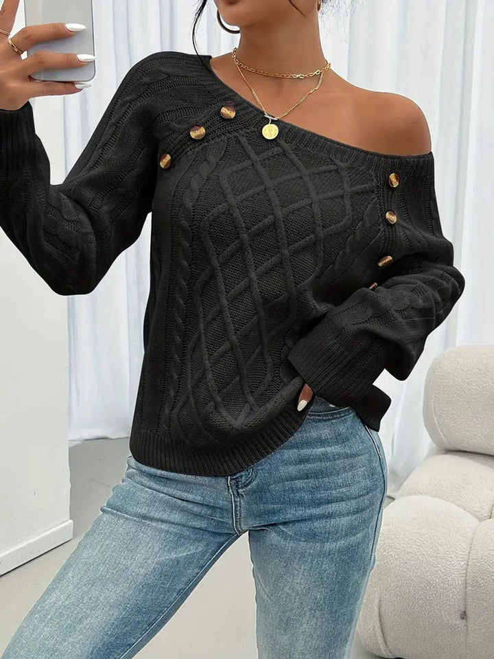 Penelope | Women's Cable Knit Sweater with Raglan Sleeves and Button Detail