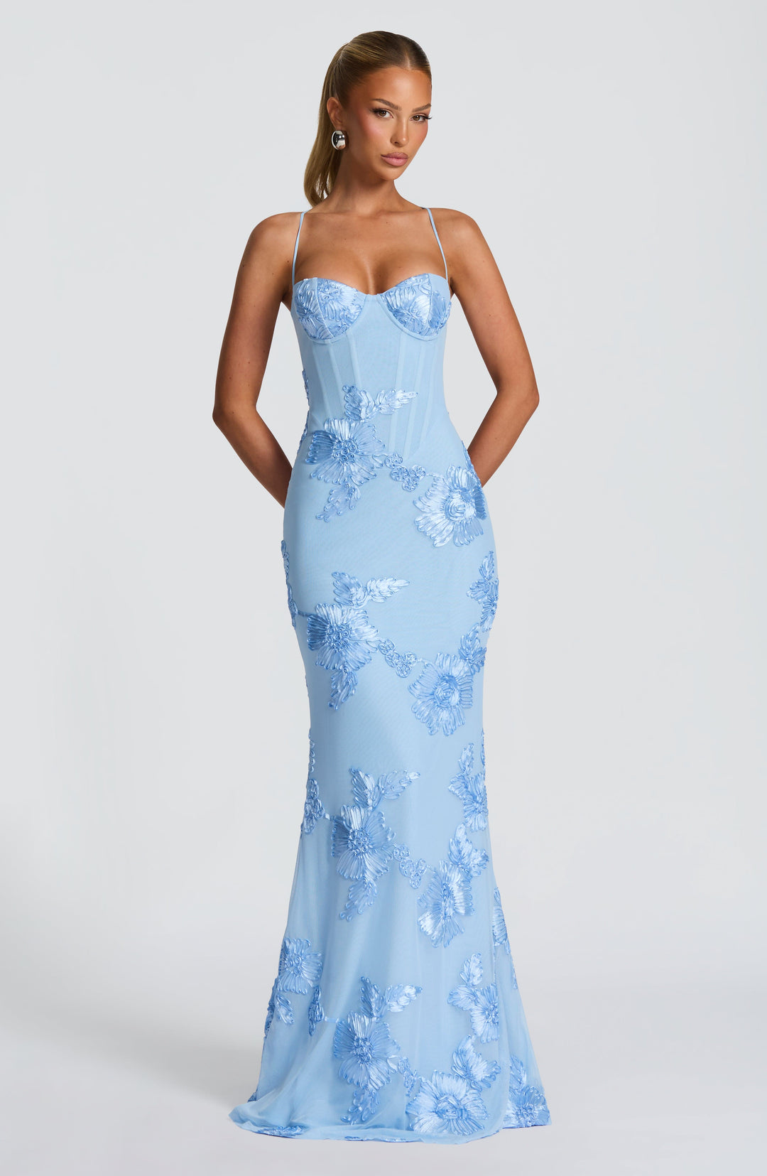 Floral Appliqué Corset Bodice Spaghetti Strap Mermaid Maxi Dress - Formal Evening Gown