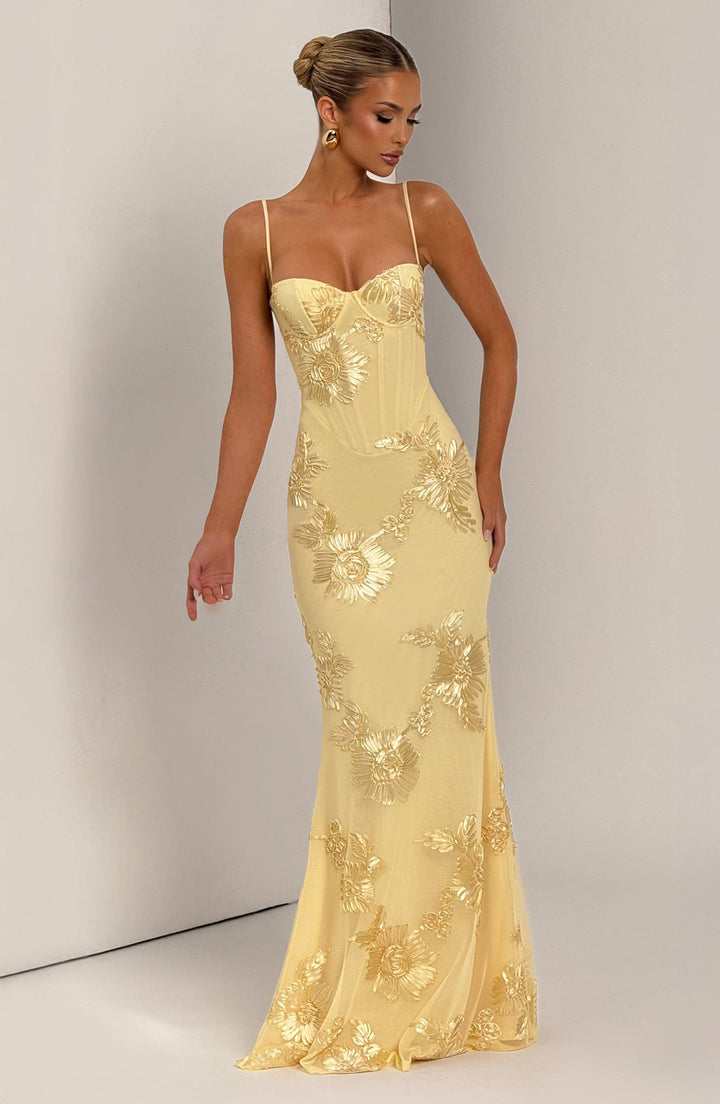 Floral Appliqué Corset Bodice Spaghetti Strap Mermaid Maxi Dress - Formal Evening Gown