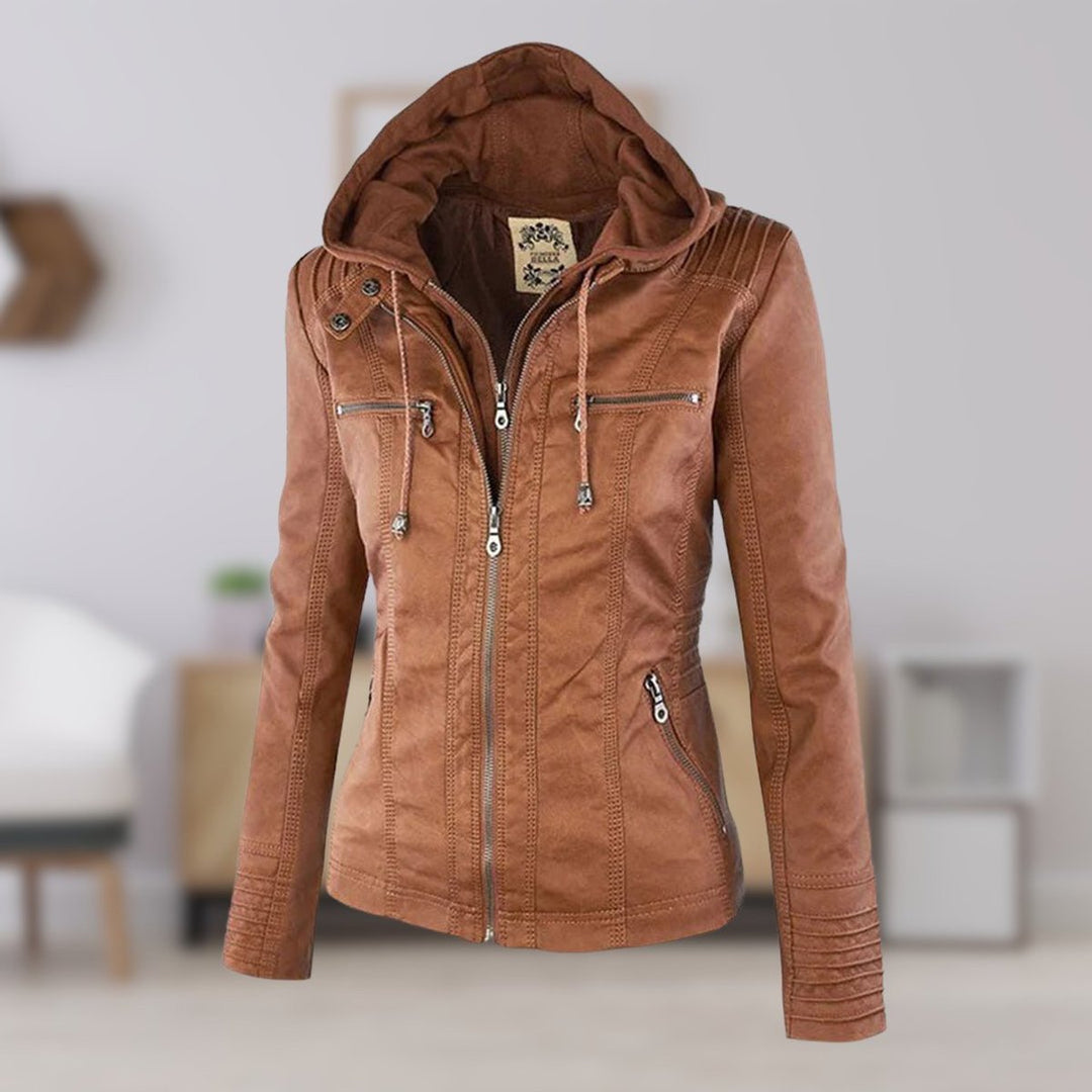Charlotte | Women's Hooded Faux Leather Jacket with Detachable Hood