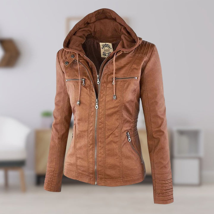 Charlotte | Women's Hooded Faux Leather Jacket with Detachable Hood