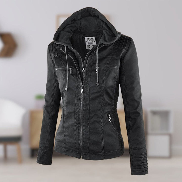 Charlotte | Women's Hooded Faux Leather Jacket with Detachable Hood