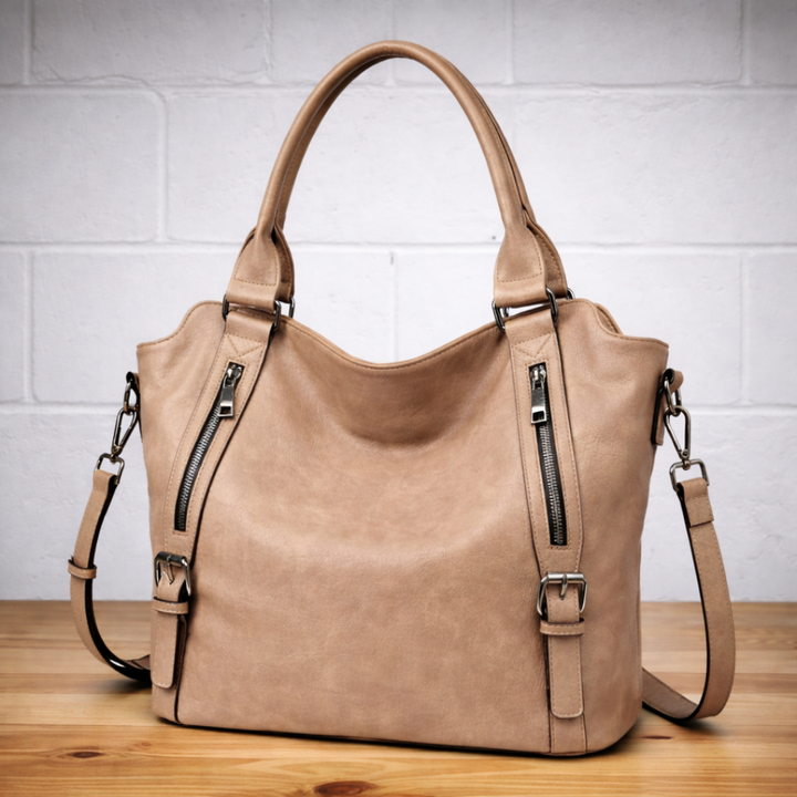 Dual Zip Pocket Buckle Strap Convertible Faux Leather Tote Bag