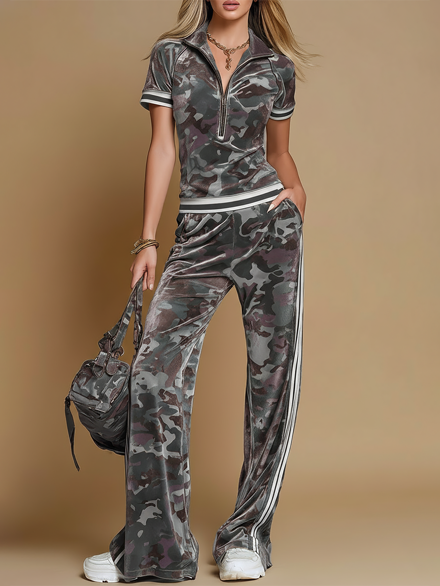 Camo Print Half Zip Stripe Trim Velvet Wide Leg Two Piece Set