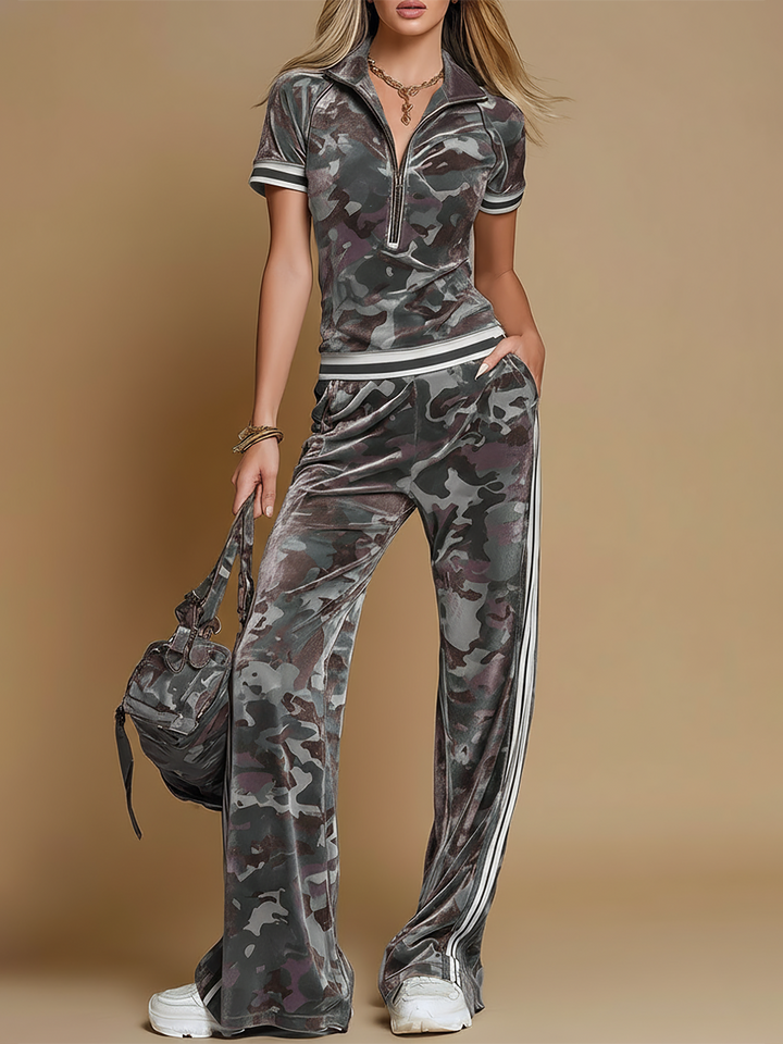 Camo Print Half Zip Stripe Trim Velvet Wide Leg Two Piece Set
