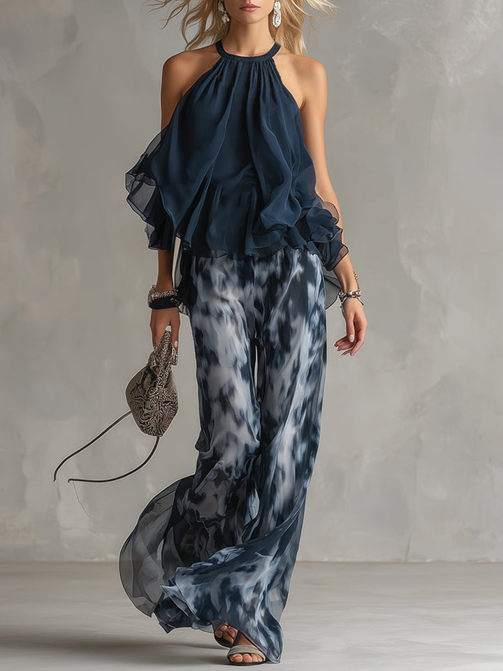 Halter Neck Ruffle Top and Abstract Print Wide Leg Pant Set