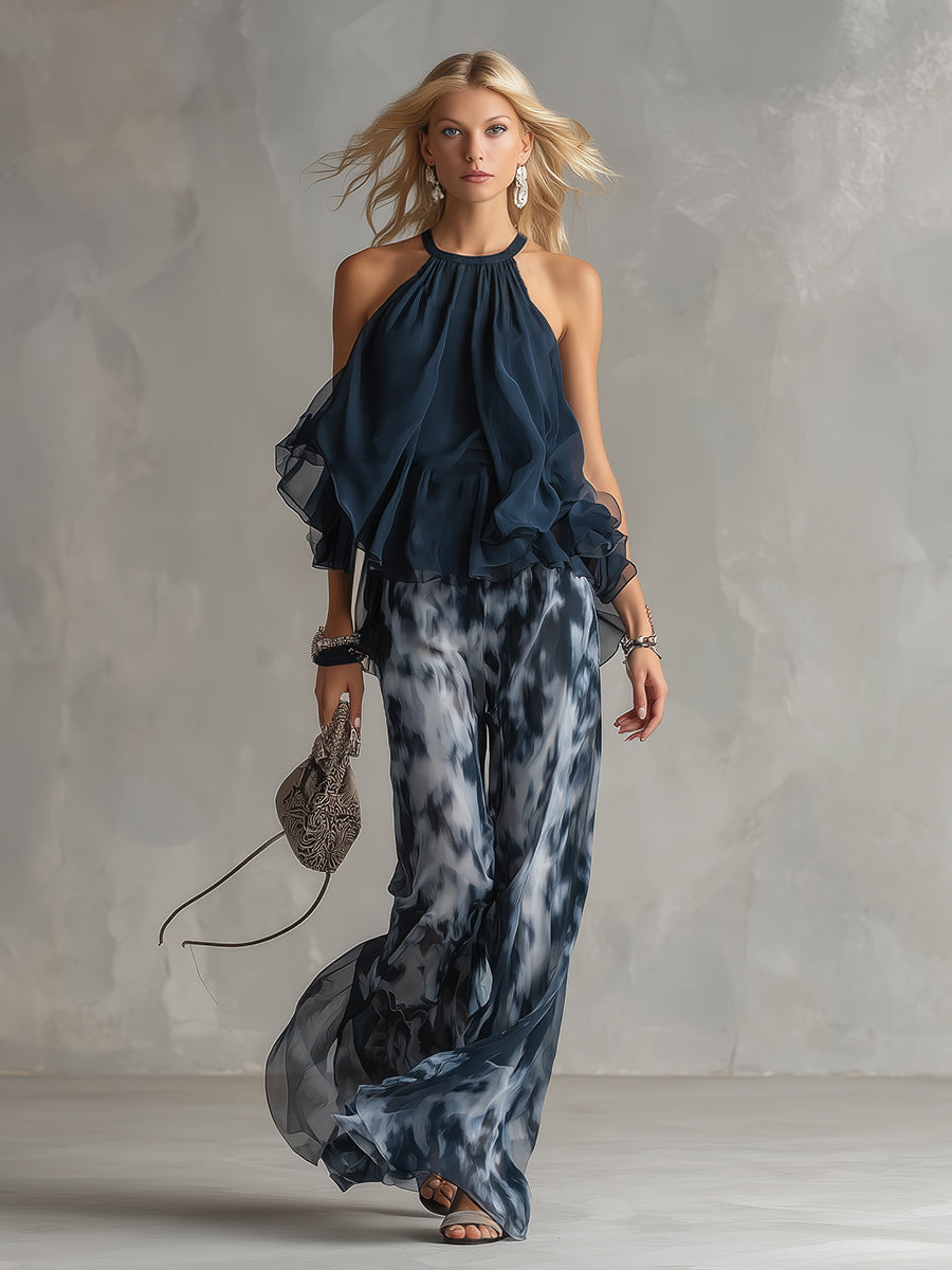 Halter Neck Ruffle Top and Abstract Print Wide Leg Pant Set
