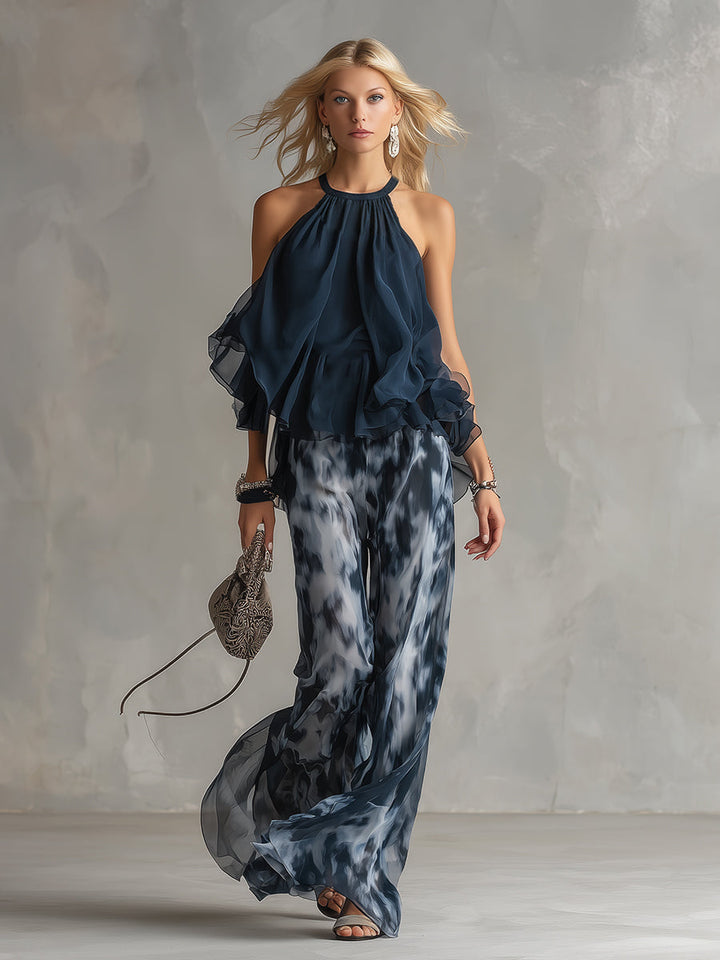 Halter Neck Ruffle Top and Abstract Print Wide Leg Pant Set