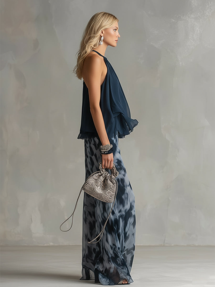 Halter Neck Ruffle Top and Abstract Print Wide Leg Pant Set
