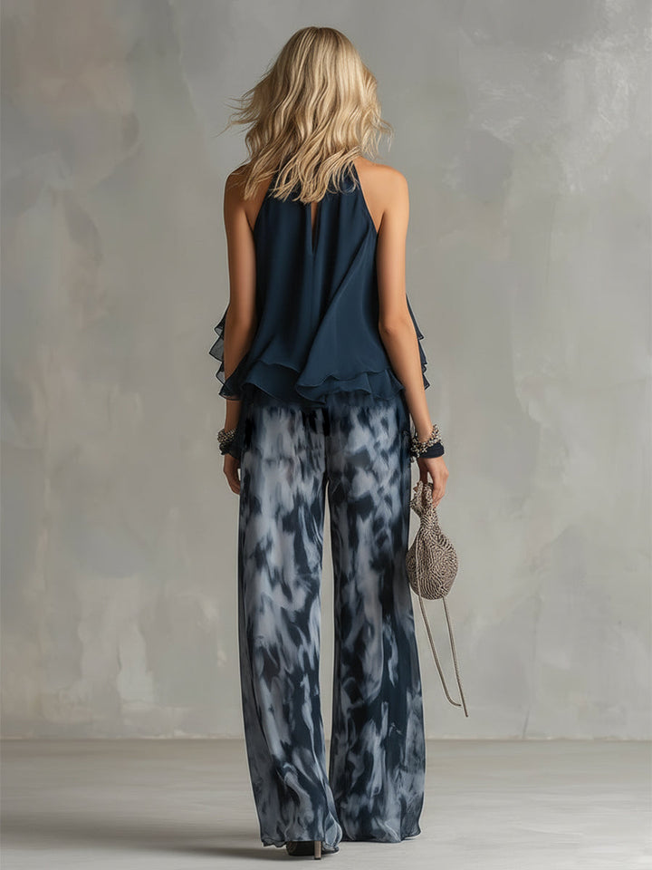 Halter Neck Ruffle Top and Abstract Print Wide Leg Pant Set