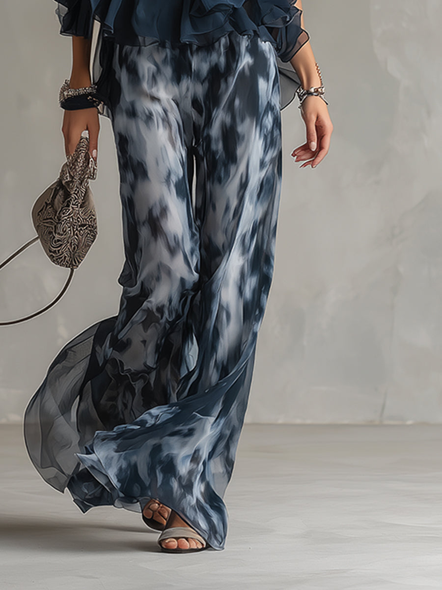 Halter Neck Ruffle Top and Abstract Print Wide Leg Pant Set