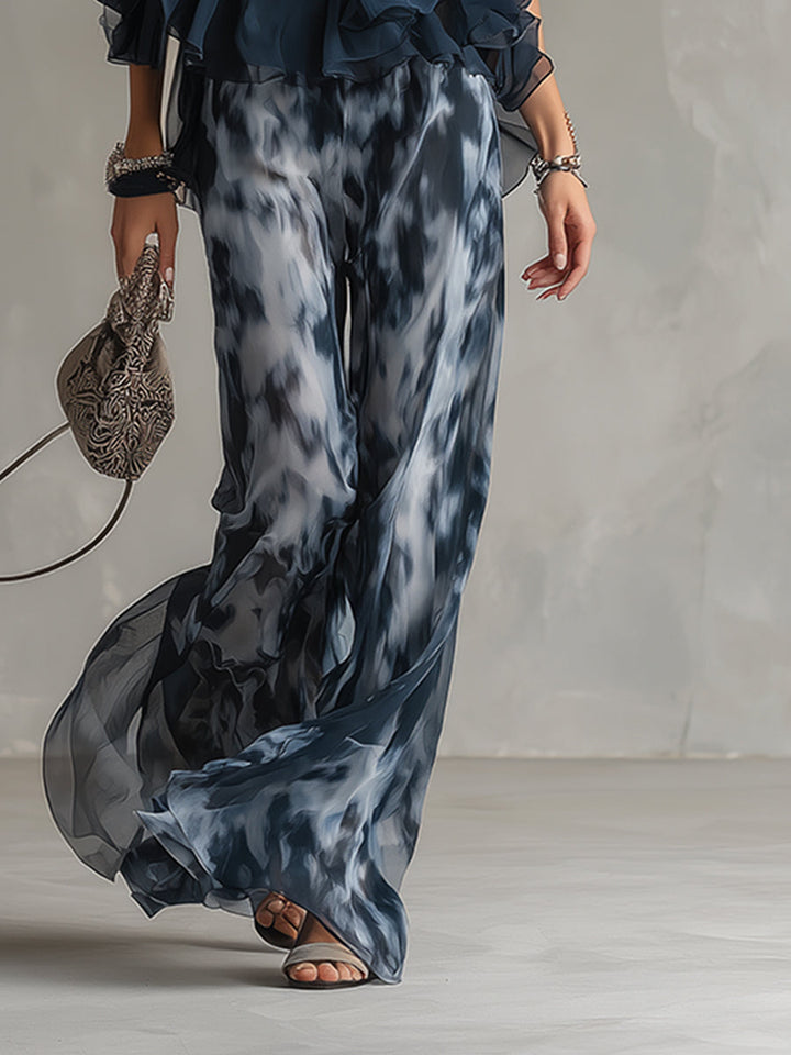 Halter Neck Ruffle Top and Abstract Print Wide Leg Pant Set